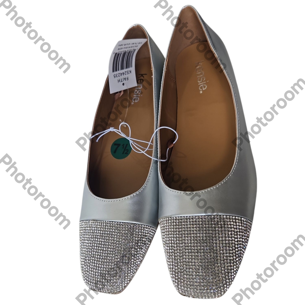 Kensie FAITH Metallic Silver  Rhimestone Square Toe Flat Loafter Size 7.5 M